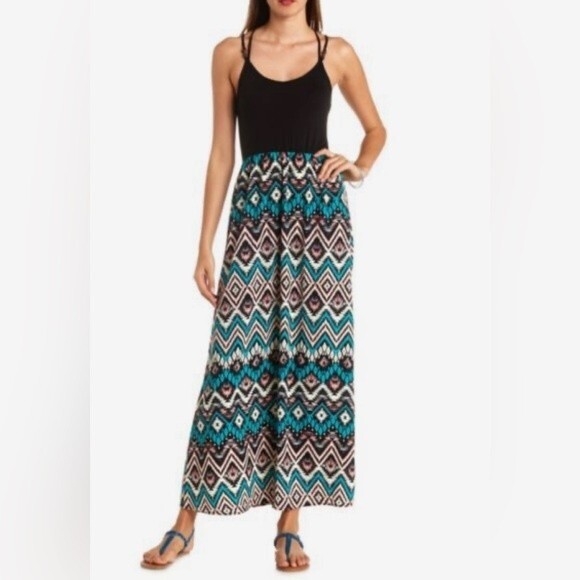 Open criss cross back black and tribal print maxi dress size medium - Picture 2 of 8